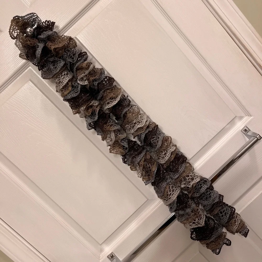 Ruffle Sashay Scarf Brown Grey Metallic Mesh Knit Lace Boa Spiral